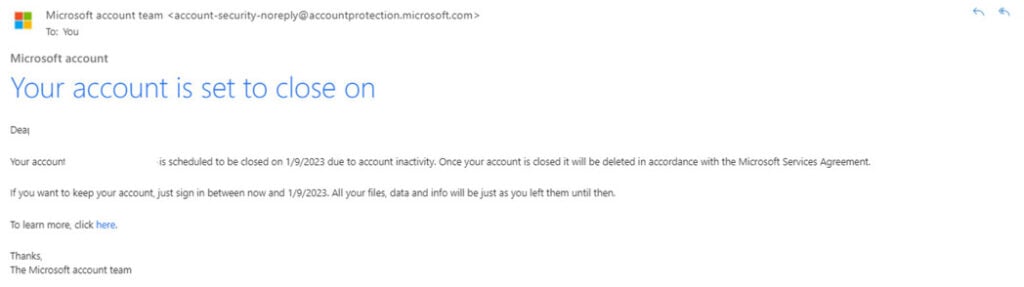 Microsoft Account Security Notification Email Phishing Scam